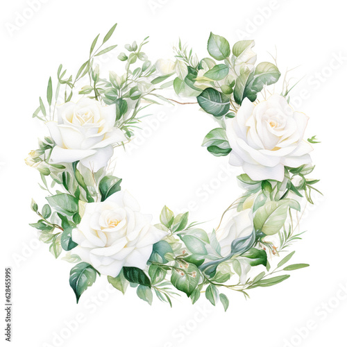Watercolor floral illustration White roses - wreath. White flowers. Wedding stationary, greetings, wallpapers, background, peonie