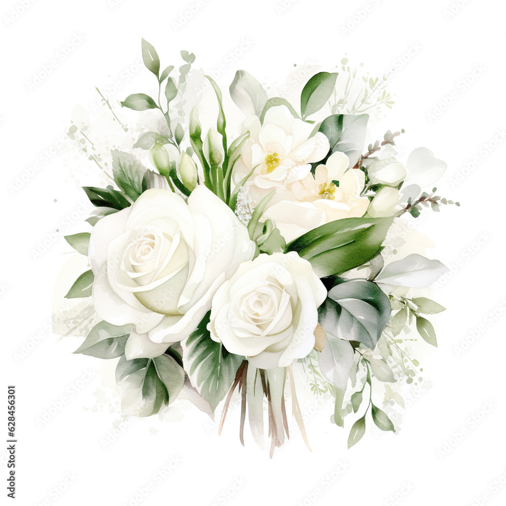 Bouquet of watercolor white roses isolated on white background