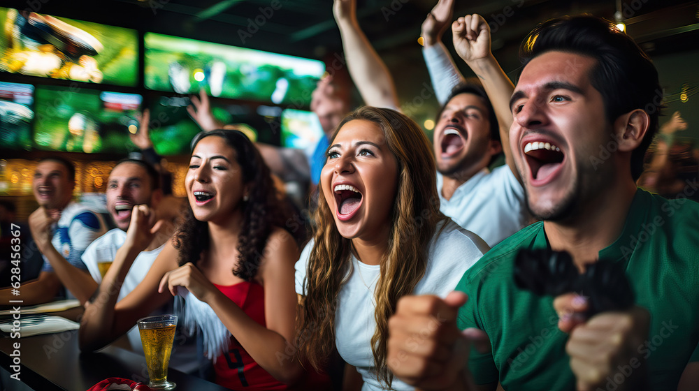 Friends passionately watching World Cup match on TV.  Generative Ai.