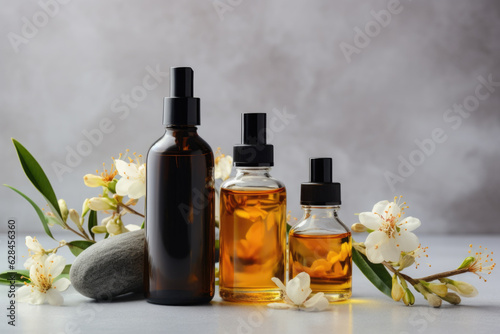 Natural cosmetics with herbal ingredients. Essential oils for skin care
