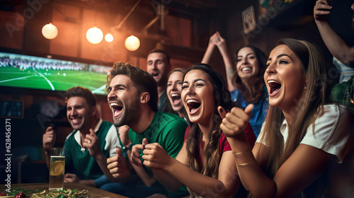 Friends passionately watching World Cup match on TV. Generative Ai.
