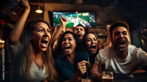 Friends passionately watching World Cup match on TV. Generative Ai.