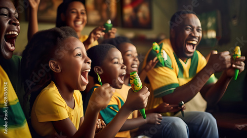 Friends passionately watching World Cup match on TV.  Generative Ai. © Dangubic