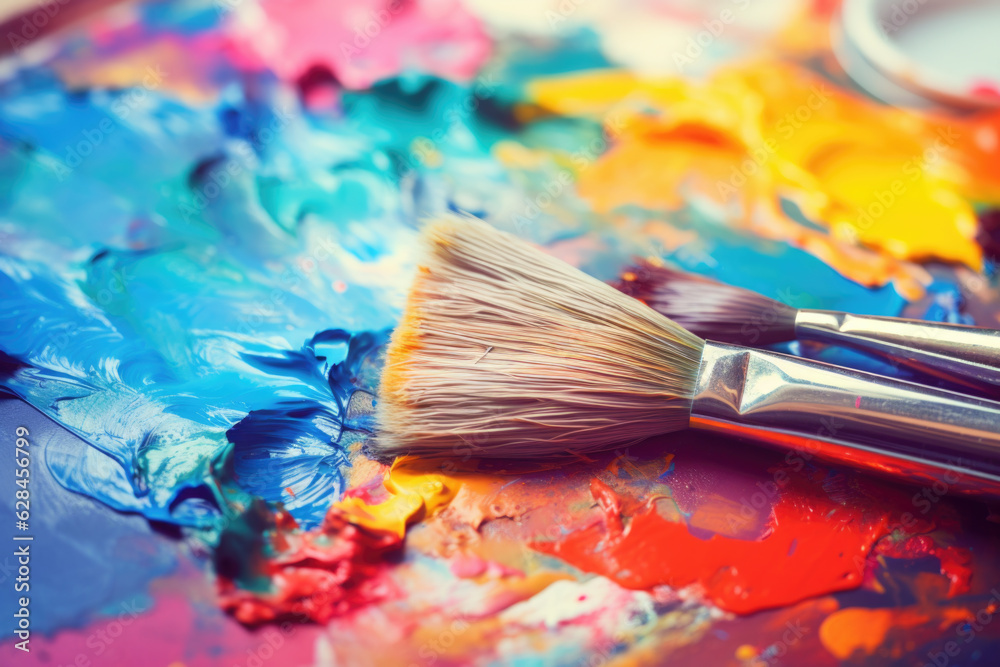 Fototapeta premium Art school. colorful palette and paintbrushes over abstract artwork