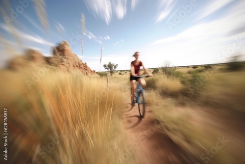 Trailblazing Beauty: A Woman on Mountain Bike in the Australian Landscape, Embracing Blurred Imagery and Prairiecore Aesthetics at the Decisive Moment photo