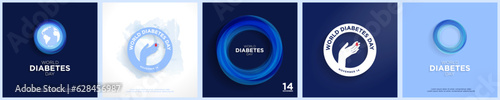Creative Set of World Diabetes Greeting Cards. Hand with blood for insulin test on blue background. Abstract 3d Blue Diabetes Icon Circle with map of Earth. Vector Illustration. EPS 10.