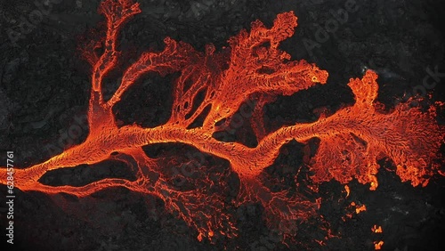 Aerial view of the texture of a solidifying lava field, close-up photo