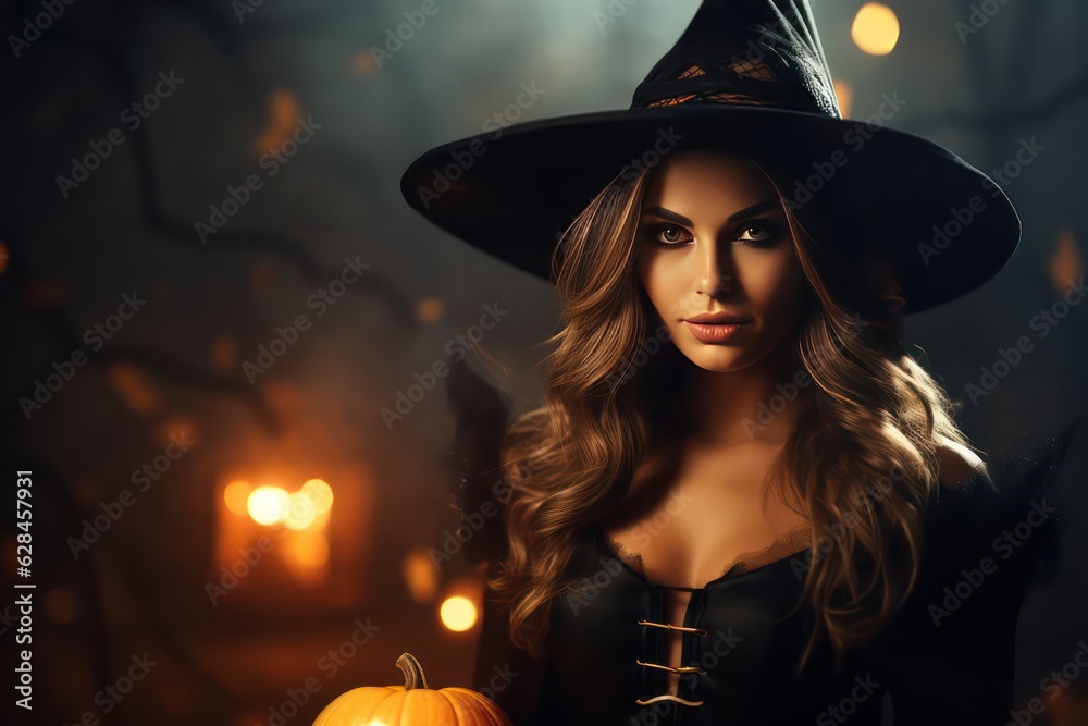 Halloween Witch with a carved Pumpkin and magic lights Halloween Witch with a carved Pumpkin and magic lights