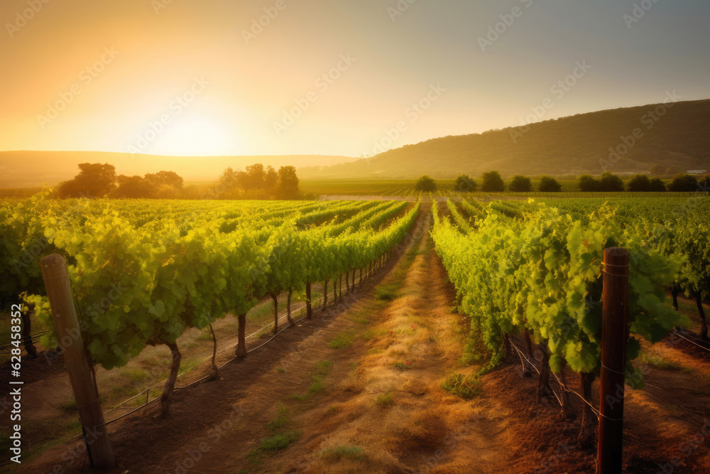 Scenic Sunset in a Lush Vineyard
