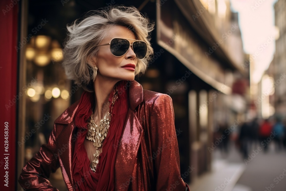 Beautiful elderly woman model with gray hair dressed in red clothes on an urban urban background, in the style of high fashion magazines. Generative ai.