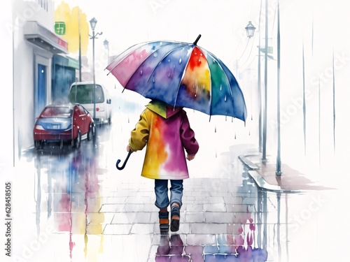 A little kid walking in the rain with an umbrella, watercolor art.