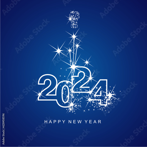 Happy New Year 2024 greetings firework white line design numbers white blue color background