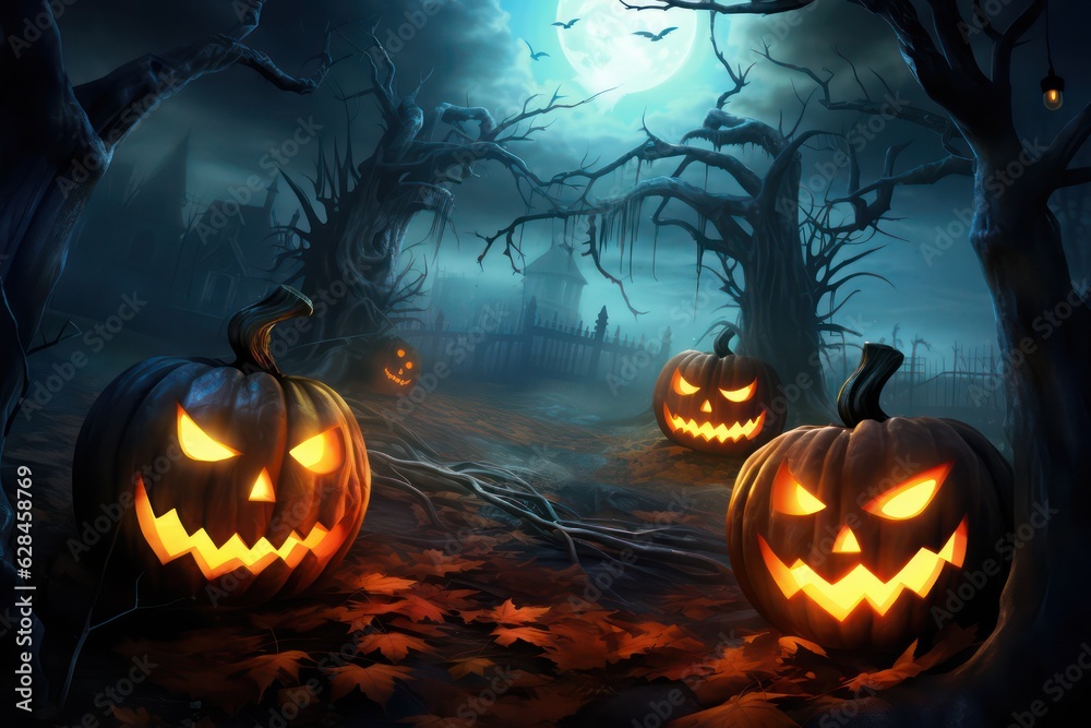 Jack O' Lanterns Glowing At Moonlight In The Spooky Night - Halloween Scene Jack O' Lanterns Glowing At Moonlight In The Spooky Night - Halloween Scene