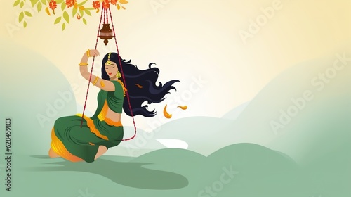 illsuatrtion of indian festival hariyali teej means green teej .woman enjoy the festival with swing in monsoon on beautiful landscape backdrop.illustration