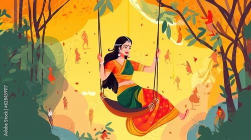 illsuatrtion of indian festival hariyali teej means green teej .woman enjoy the festival with swing in monsoon on beautiful landscape backdrop.illustration photo