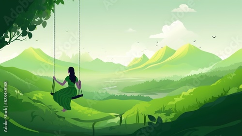 illsuatrtion of indian festival hariyali teej means green teej .woman enjoy the festival with swing in monsoon on beautiful landscape backdrop.illustration © GED