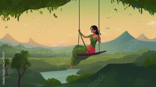 illsuatrtion of indian festival hariyali teej means green teej .woman enjoy the festival with swing in monsoon on beautiful landscape backdrop.illustration