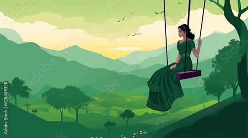illsuatrtion of indian festival hariyali teej means green teej .woman enjoy the festival with swing in monsoon on beautiful landscape backdrop.illustration © GED
