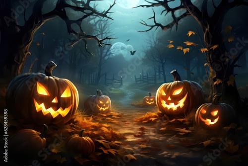 Jack O' Lanterns Glowing At Moonlight In The Spooky Night - Halloween Scene