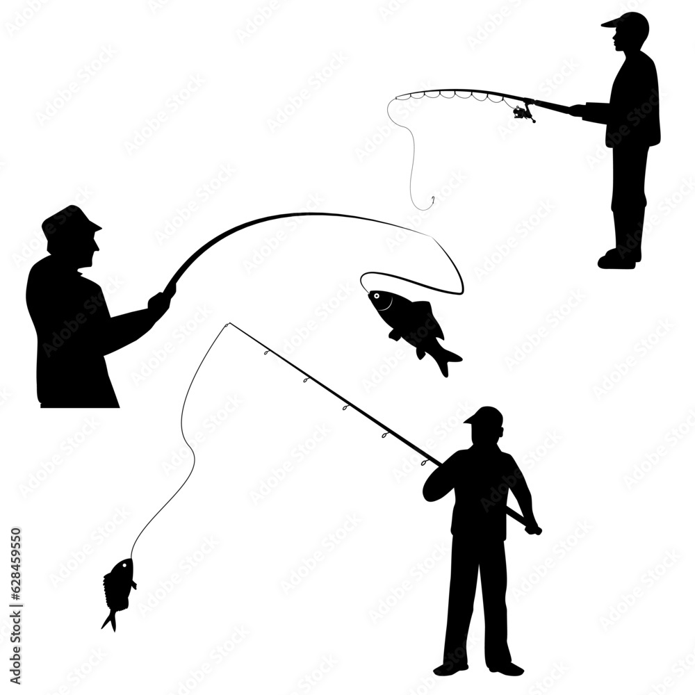 Obraz premium Fisherman icon vector set. Fishing illustration sign collection. fishing rod symbol. Fish logo.