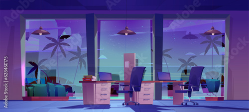 Office interior with computers at night. Empty dark room with desks, laptops, chairs and windows with view to sea beach landscape with palm trees, vector cartoon illustration