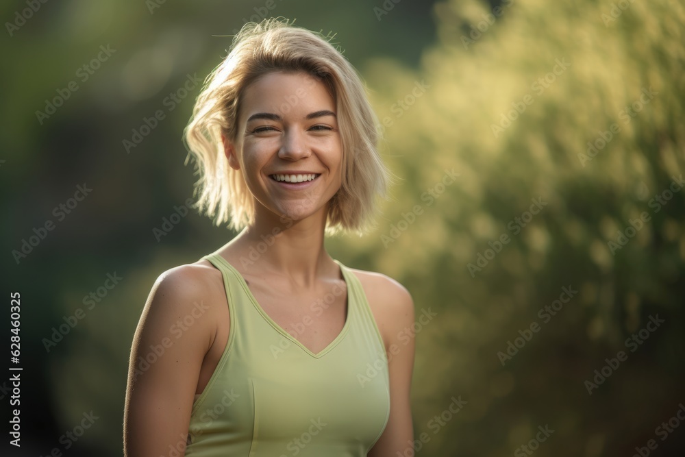 Dynamic Outdoor Shots: Active Woman in Yoga Tank Top, Light Green & Gold Dynamic Outdoor Shots: Active Woman in Yoga Tank Top, Light Green & Gold