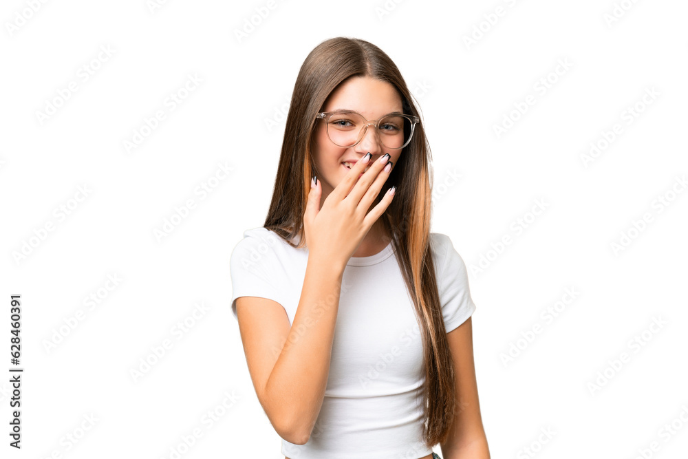 Teenager caucasian girl over isolated background happy and smiling covering mouth with hand Teenager caucasian girl over isolated background happy and smiling covering mouth with hand