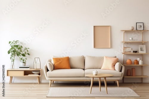 Living room interior with gray velvet sofa, pillows, green plaid, lamp and fiddle leaf tree in wicker basket on white wall background. 3D rendering,Generative AI