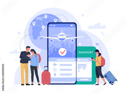 Air travel ticket buying app. People buying tickets online, phone booking service for tourism and vacation