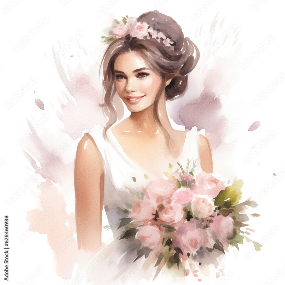 Naklejka premium Bride with a bouquet of flowers,watercolor wedding illustration isolated on white background.