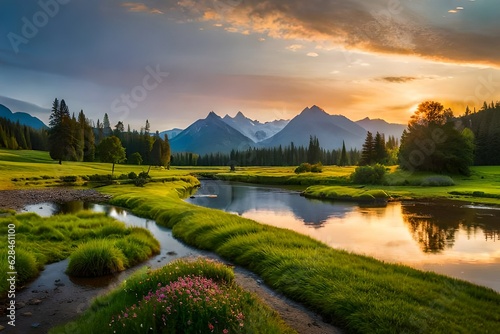  A serene meadow at dawn, with a gentle stream flowing through it, wildflowers of vibrant colors scattered in the grass, a family of deer grazing peacefully nearby, creating an idyllic scene of nature © MuhammadAnees