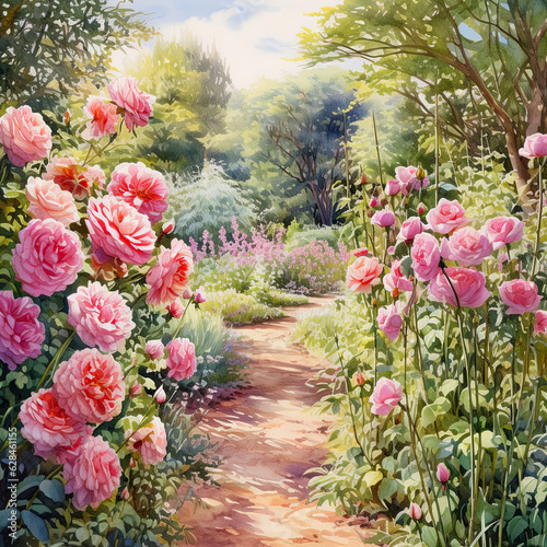 A walkway through a traditional English rose garden. Pathway leading to a trees with pink rose bushes either side. Digital illustration.
