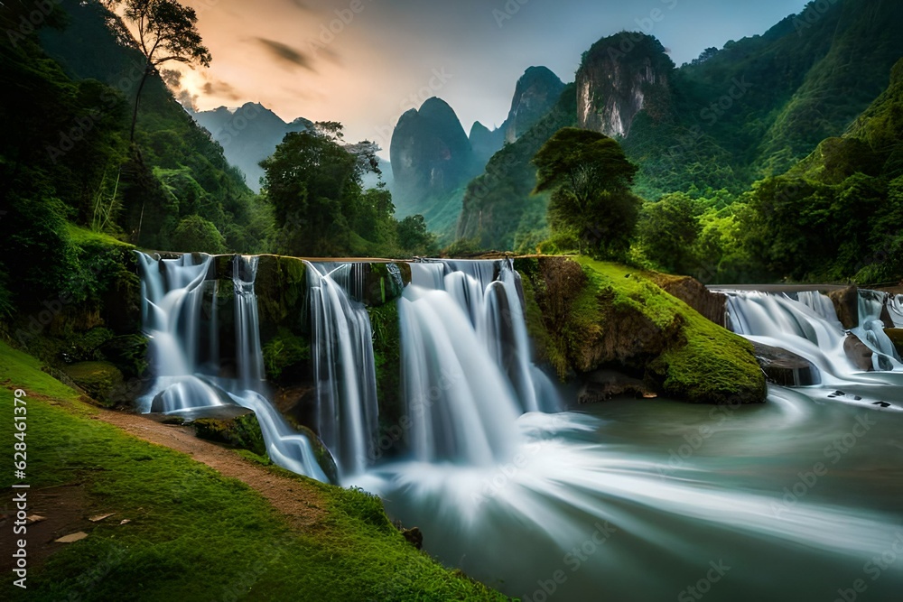 Naklejka premium Waterfall in tropical forest at Khao Yai National Park, Thailand. Waterfall view from inside the cave.AI generated