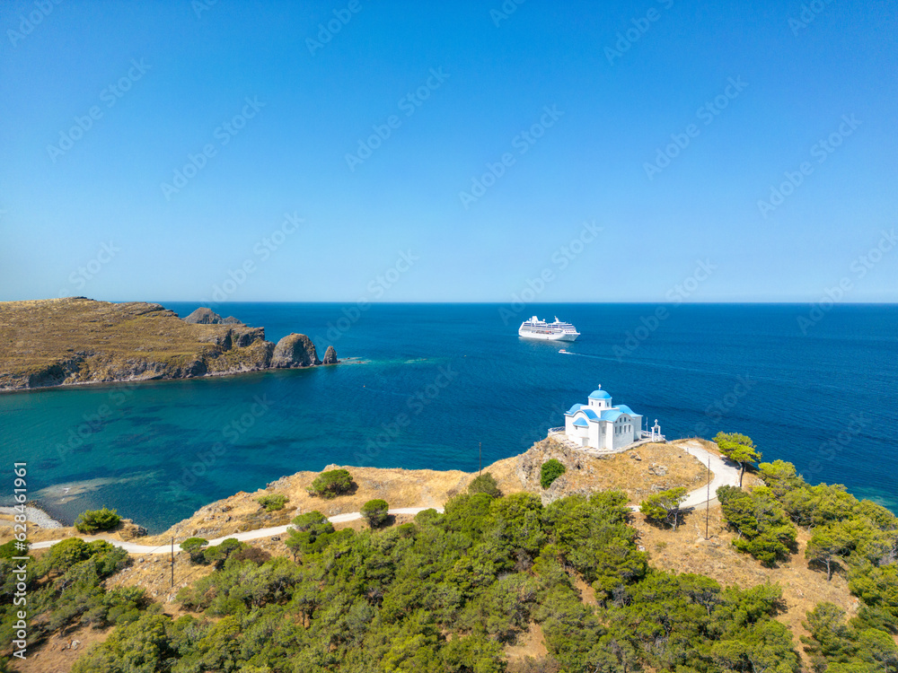 The Church of Agios Nikolaos in the new port of Myrina, Limnos with the cruise ship in the background