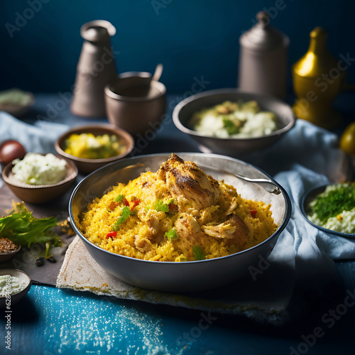 a delicious chicken biriyani accompanied