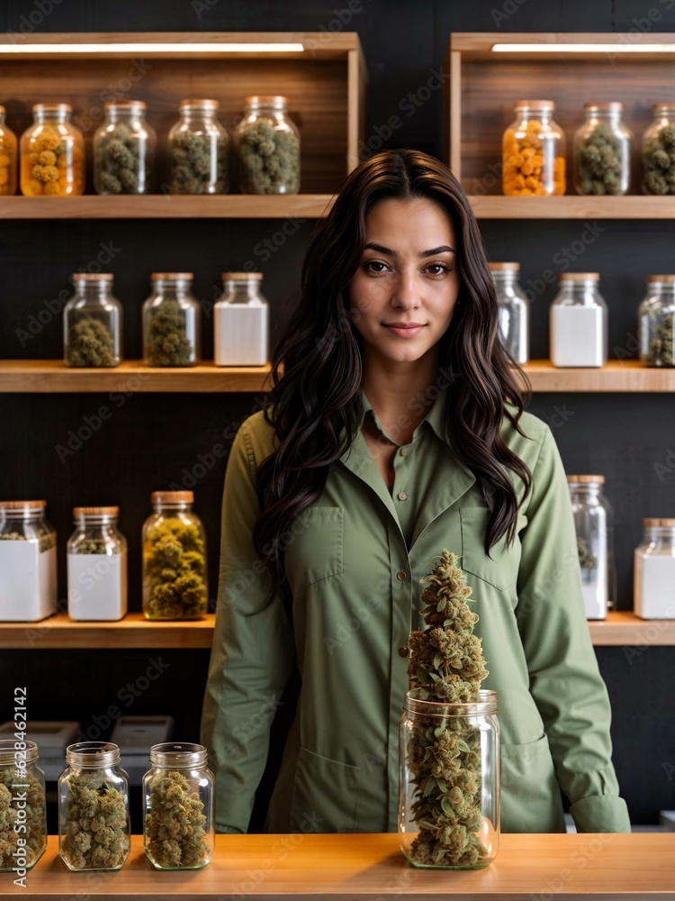 CSC. Budtender in a Cannabis Social Club. Coffeeshop. Cannabis dispensary. Cannabis specialty store. Marijuana store. Health store with natural wood interior. Generative AI.