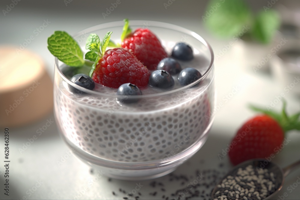 Chia pudding with strawberries and blueberries. AI generated Chia pudding with strawberries and blueberries. AI generated