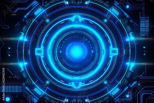 abstract technology background, technology background with HUD design, blue neon color, circle, AI generated.