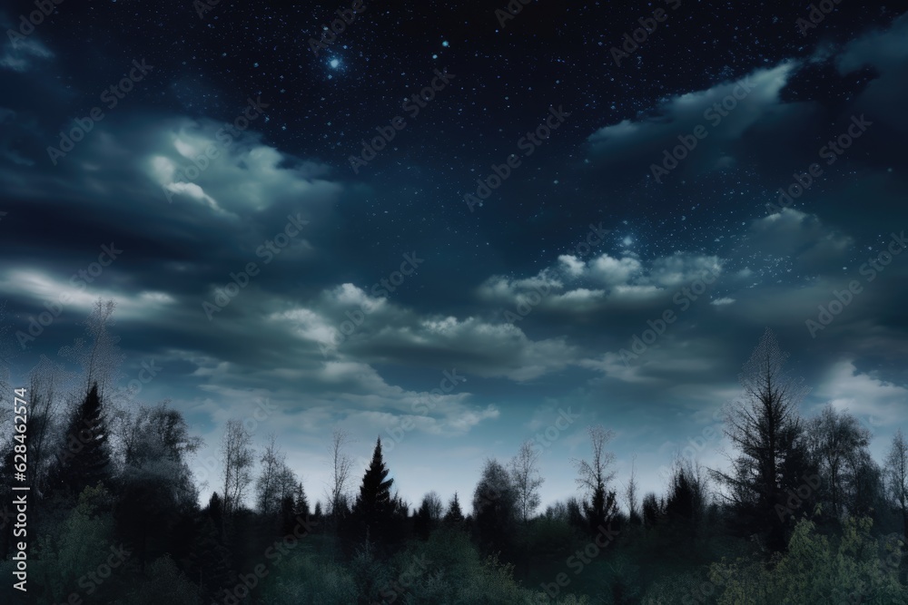 Starry Night: Nocturnal Cloudy Sky with Stars in Dark Azure & White | Serene Landscape & Transcendental Dreaming