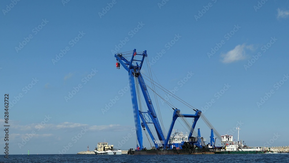 Floating Crane Vessel On A River And Sea