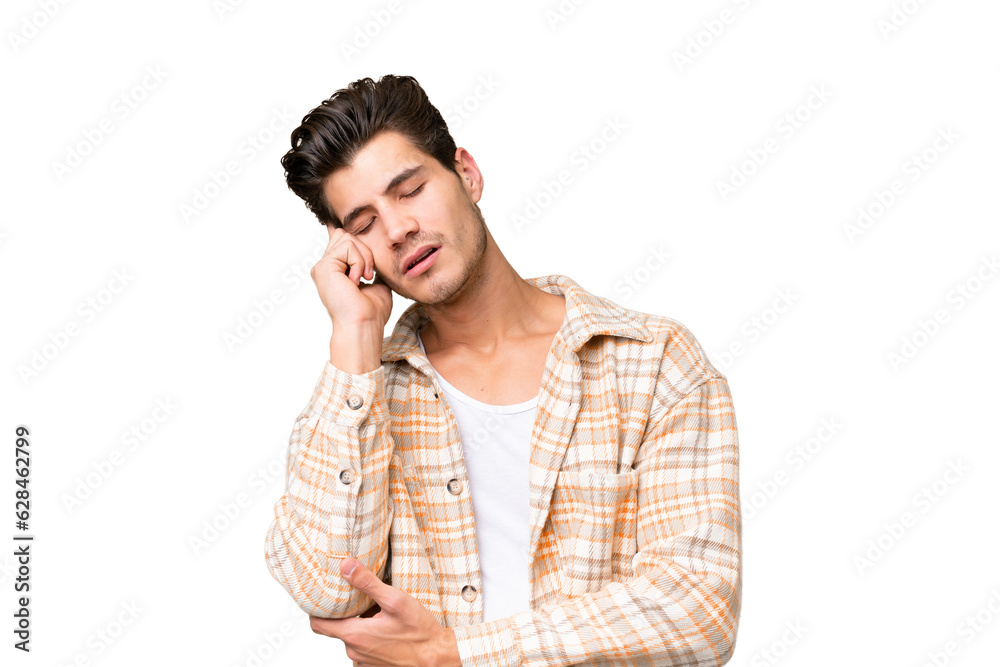 Young handsome caucasian man over isolated background with headache Young handsome caucasian man over isolated background with headache