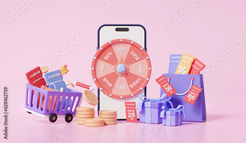 Minimal cartoon element fortune spin wheel isolated on pink background. business online via mobile shopping promotion marketing entertainment risk gamble event jackpot prize. 3d rendering illustration