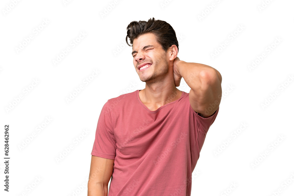 Young handsome caucasian man over isolated background with neckache Young handsome caucasian man over isolated background with neckache
