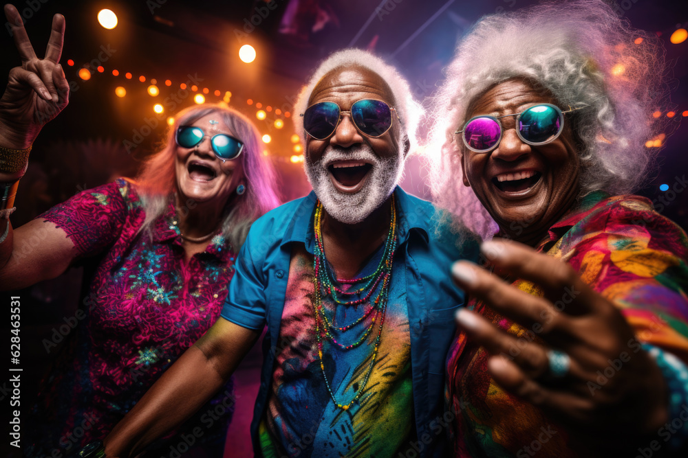 Portrait of smiling gray-haired active seniors wearing colorful glasses in night club.