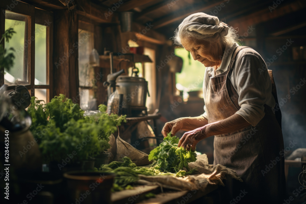 Elderly woman in apron cooking green salad in kitchen. Elderly woman in apron cooking green salad in kitchen.