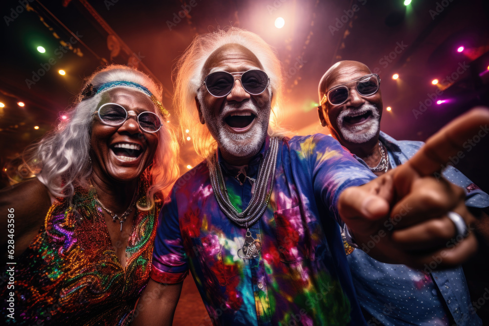 Small group of active smiling seniors taking selfie at disco club. Small group of active smiling seniors taking selfie at disco club.