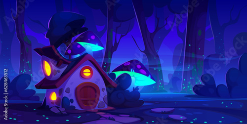 Fairytale house on night forest glade. Vector cartoon illustration of fantasy wooden hut with door, porch and light in round windows, neon mushrooms and fireflies glowing in darkness, stone footpath