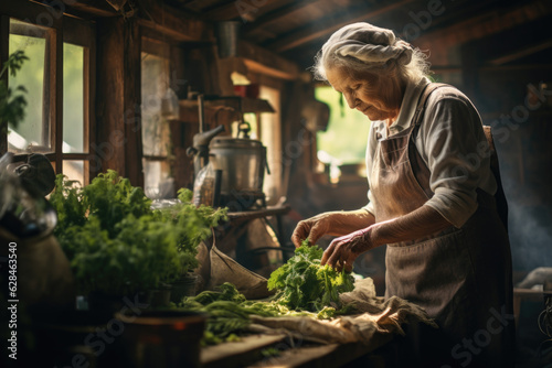 Elderly woman in apron cooking green salad in kitchen.