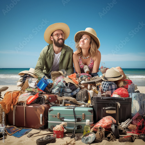 Summer concept Fun under the sun - a couple humorously grapple with an overwhelming pile of luggage and maps on a beautiful beach