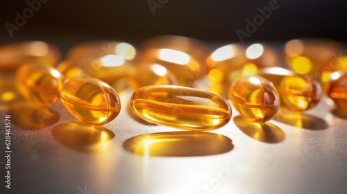 Omega 3 yellow capsules closed up on the table.